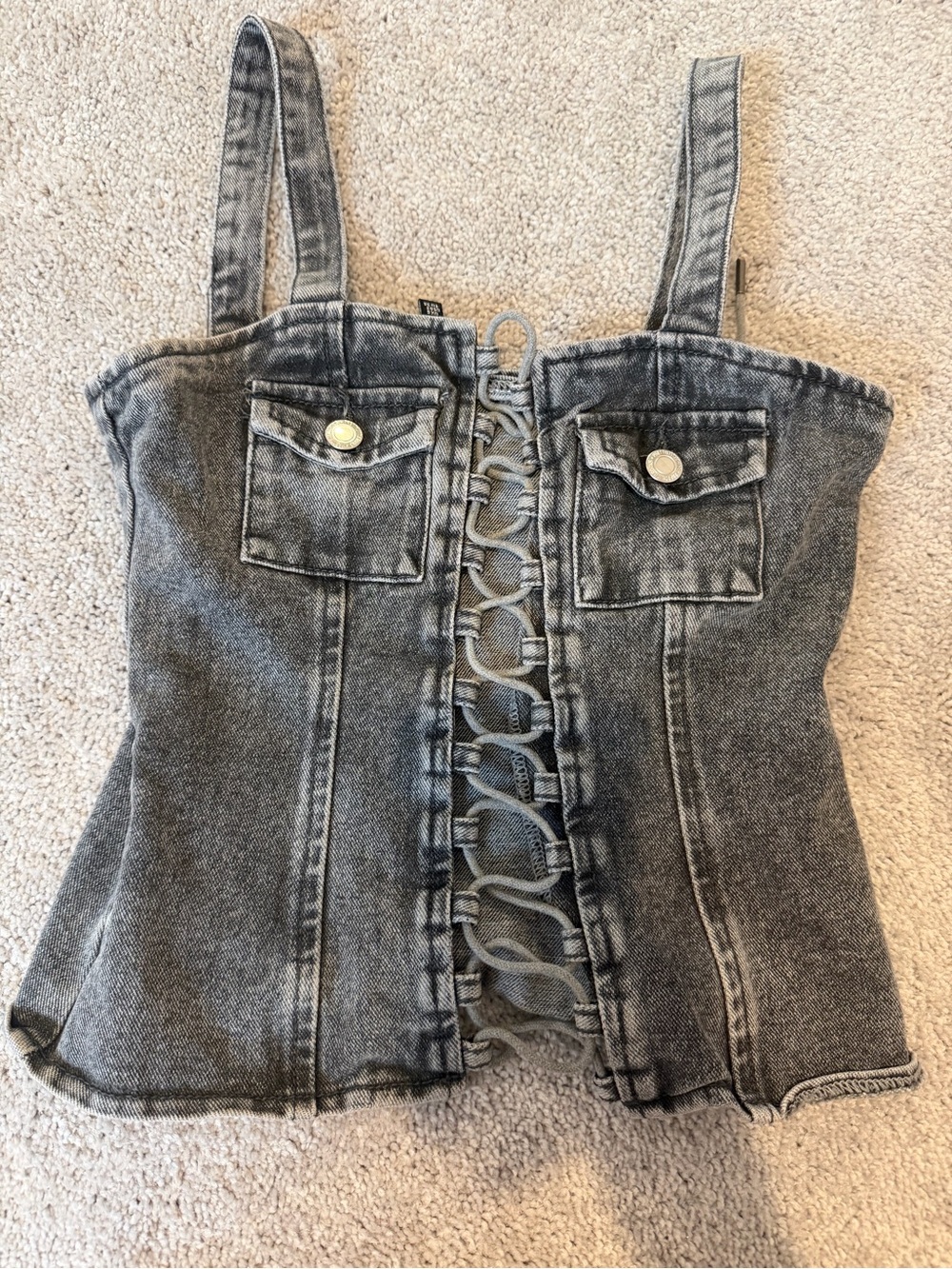 PrettyLittleThing Gray Denim Lace-Up Corset Tank